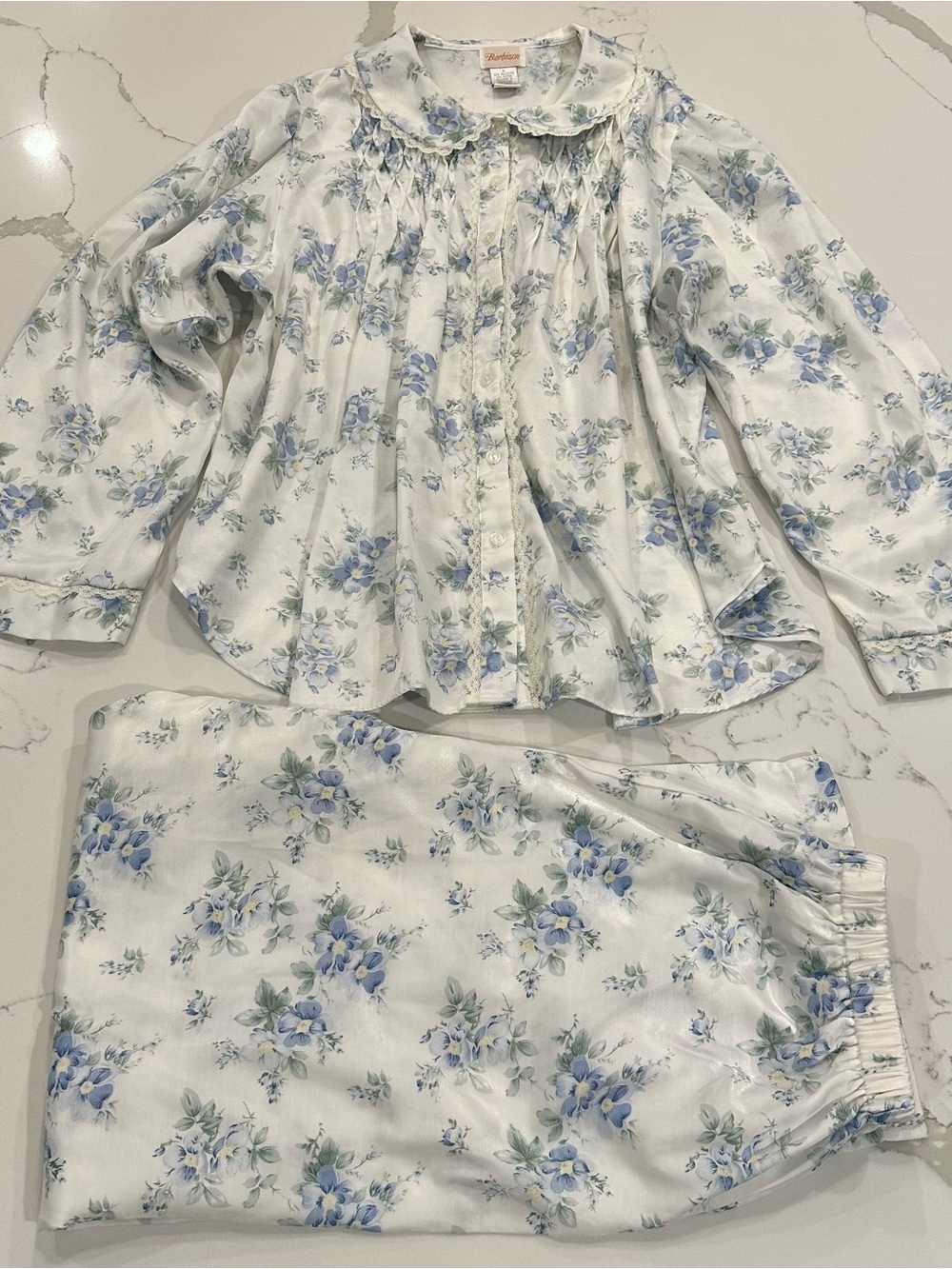 VTG Barbizon Cuddleskin 2-Piece Pajama Set XL Floral Lace Cottage Flannel Satin
